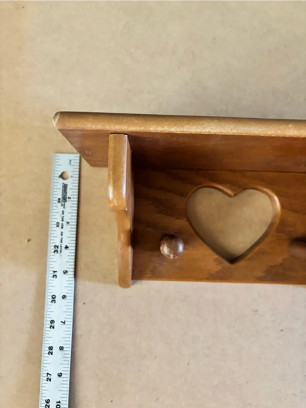 Hand Crafted Wooden Heart Hook Shelf in Light Brown